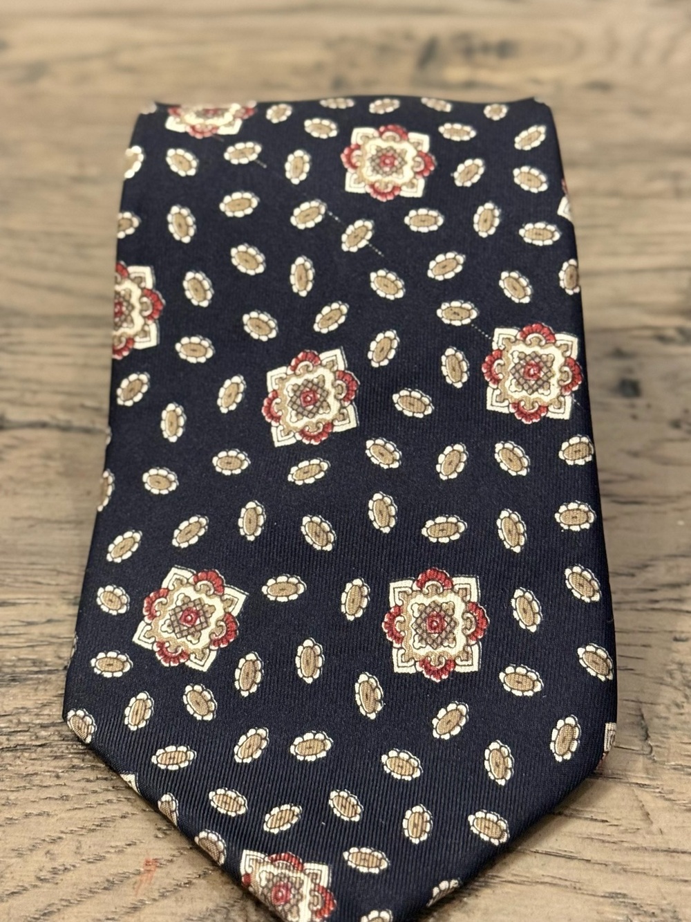 Marshall Fields Navy Medallion Print Tie with Cream & Red Accents